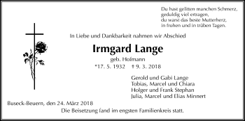 Traueranzeige von Irmgard Lange von Giessener Allgemeine, Alsfelder Allgemeine