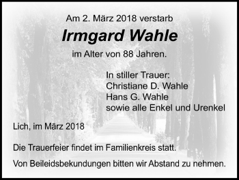 Traueranzeige von Irmgard Wahle von Licher Wochenblatt, Licher Wochenblatt, Licher Wochenblatt