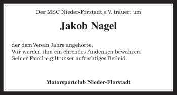 Traueranzeige von Jakob Nagel von Wetterauer Zeitung, Wetterauer Zeitung