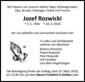 Traueranzeige von Jozef Rozwicki von Giessener Allgemeine, Alsfelder Allgemeine