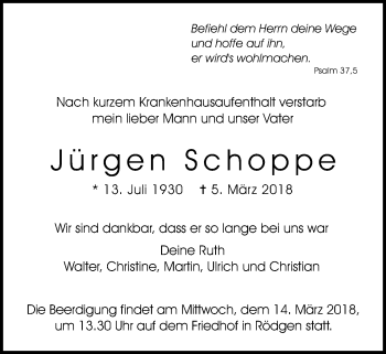 Traueranzeige von Jürgen Schoppe von Wetterauer Zeitung, Wetterauer Zeitung