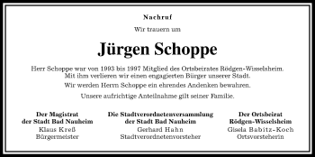 Traueranzeige von Jürgen Schoppe von Wetterauer Zeitung, Wetterauer Zeitung