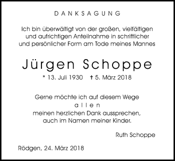 Traueranzeige von Jürgen Schoppe von Wetterauer Zeitung, Wetterauer Zeitung