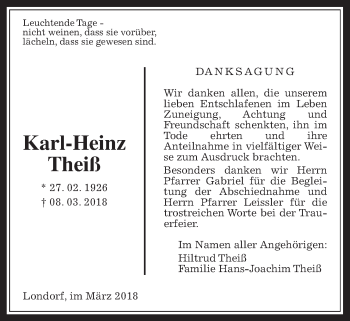 Traueranzeige von Karl-Heinz Theiß von Rabenauer Zeitung