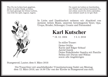 Traueranzeige von Karl Kutscher von Giessener Allgemeine, Alsfelder Allgemeine