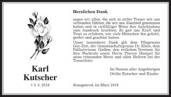 Traueranzeige von Karl Kutscher von Giessener Allgemeine, Alsfelder Allgemeine