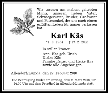 Traueranzeige von Karl Käs von Giessener Allgemeine, Alsfelder Allgemeine