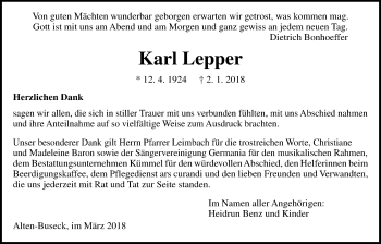 Traueranzeige von Karl Lepper von Giessener Allgemeine, Alsfelder Allgemeine