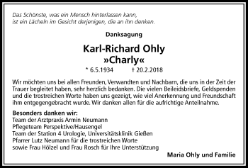 Traueranzeige von Karl-Richard Ohly von Licher Wochenblatt, Licher Wochenblatt, Licher Wochenblatt