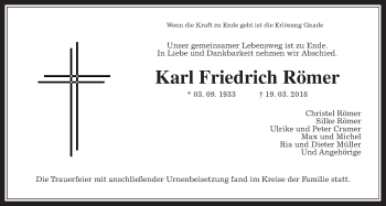 Traueranzeige von Karl Friedrich Römer von Giessener Allgemeine, Alsfelder Allgemeine
