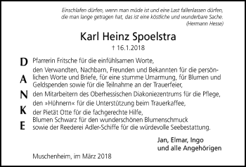 Traueranzeige von Karl Heinz Spoelstra von Licher Wochenblatt, Licher Wochenblatt, Licher Wochenblatt