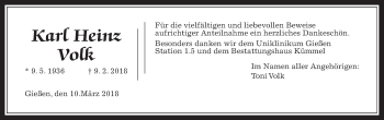 Traueranzeige von Karl Heinz Volk von Giessener Allgemeine, Alsfelder Allgemeine