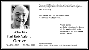 Traueranzeige von Karl Robert Valentin Genzel von Wetterauer Zeitung, Wetterauer Zeitung
