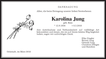 Traueranzeige von Karoline Jung von Wetterauer Zeitung, Wetterauer Zeitung