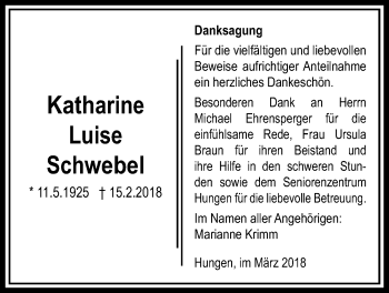 Traueranzeige von Katharine Luise Schwebel von Licher Wochenblatt, Licher Wochenblatt, Licher Wochenblatt