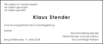 Traueranzeige von Klaus Stender von Wetterauer Zeitung, Wetterauer Zeitung