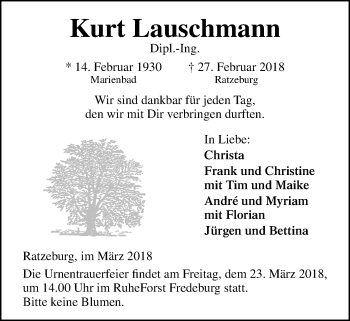 Traueranzeige von Kurt Lauschmann von Wetterauer Zeitung, Wetterauer Zeitung