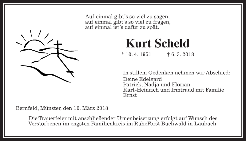  Traueranzeige für Kurt Scheld vom 10.03.2018 aus Giessener Allgemeine, Alsfelder Allgemeine