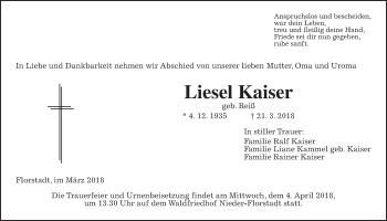Traueranzeige von Liesel Kaiser von Wetterauer Zeitung, Wetterauer Zeitung