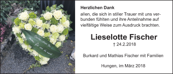 Traueranzeige von Lieselotte Fischer von Licher Wochenblatt, Licher Wochenblatt, Licher Wochenblatt