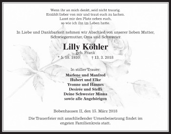Traueranzeige von Lilly Köhler von Alsfelder Allgemeine