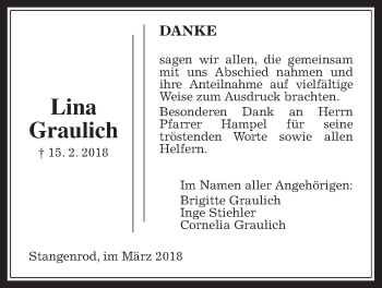 Traueranzeige von Lina Graulich von Giessener Allgemeine, Alsfelder Allgemeine