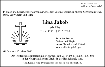 Traueranzeige von Lina Jakob von Giessener Allgemeine, Alsfelder Allgemeine