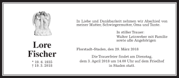 Traueranzeige von Lore Fischer von Wetterauer Zeitung, Wetterauer Zeitung