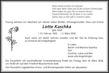 Traueranzeige von Lotte Kaschka von Licher Wochenblatt, Licher Wochenblatt, Licher Wochenblatt
