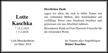 Traueranzeige von Lotte Kaschka von Licher Wochenblatt, Licher Wochenblatt, Licher Wochenblatt