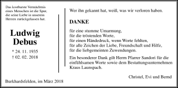 Traueranzeige von Ludwig Debus von Giessener Allgemeine, Alsfelder Allgemeine