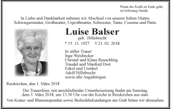 Traueranzeige von Luise Balser von Giessener Allgemeine, Alsfelder Allgemeine