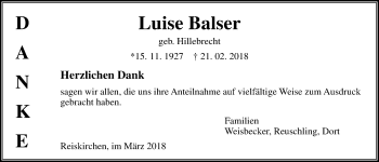 Traueranzeige von Luise Balser von Giessener Allgemeine, Alsfelder Allgemeine