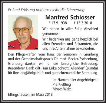 Traueranzeige von Manfred Schlosser von Licher Wochenblatt, Licher Wochenblatt, Licher Wochenblatt