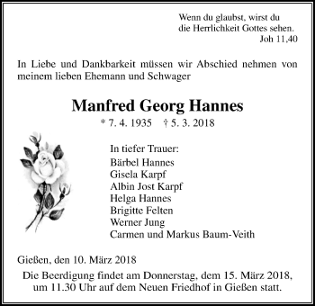 Traueranzeige von Manfred Georg Hannes von Giessener Allgemeine, Alsfelder Allgemeine