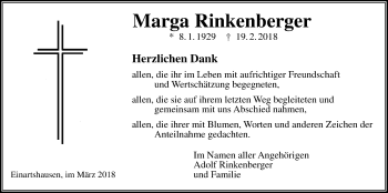 Traueranzeige von Marga Rinkenberger von Giessener Allgemeine, Alsfelder Allgemeine