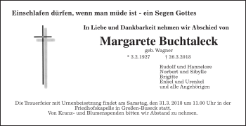 Traueranzeige von Margarete Buchtaleck von Giessener Allgemeine, Alsfelder Allgemeine