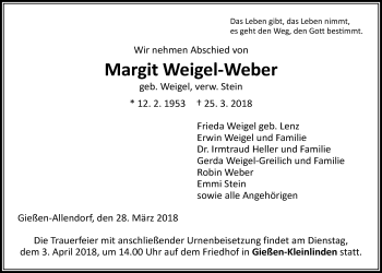Traueranzeige von Margit Weigel-Weber von Giessener Allgemeine, Alsfelder Allgemeine