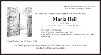 Traueranzeige von Maria Heil von Wetterauer Zeitung, Wetterauer Zeitung