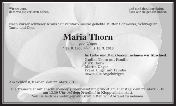 Traueranzeige von Maria Thorn von Wetterauer Zeitung