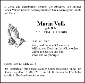 Traueranzeige von Maria Volk von Giessener Allgemeine, Alsfelder Allgemeine