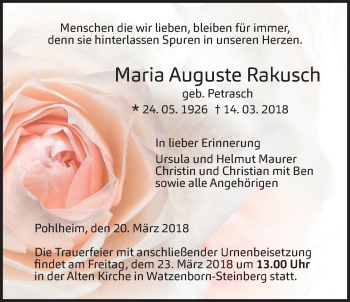 Traueranzeige von Maria Auguste Rakusch von Giessener Allgemeine, Alsfelder Allgemeine