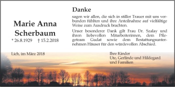 Traueranzeige von Marie Anna Scherbaum von Licher Wochenblatt, Licher Wochenblatt, Licher Wochenblatt