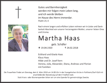 Traueranzeige von Martha Haas von Giessener Allgemeine, Alsfelder Allgemeine
