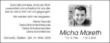 Traueranzeige von Micha Mareth von Giessener Allgemeine, Alsfelder Allgemeine