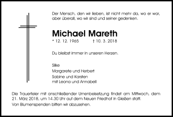 Traueranzeige von Michael Mareth von Giessener Allgemeine, Alsfelder Allgemeine