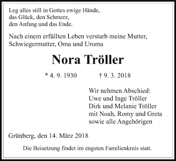Traueranzeige von Nora Tröller von Giessener Allgemeine, Alsfelder Allgemeine