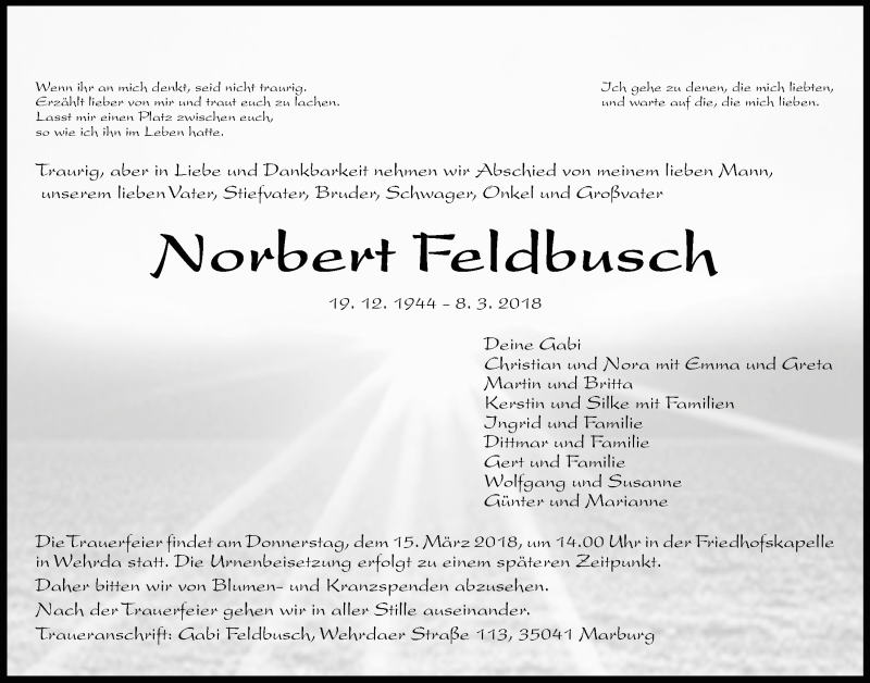  Traueranzeige für Norbert Feldbusch vom 13.03.2018 aus Giessener Allgemeine, Alsfelder Allgemeine