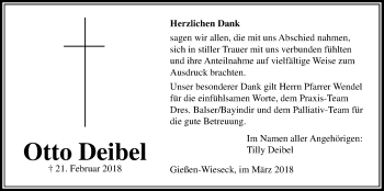 Traueranzeige von Otto Deibel von Giessener Allgemeine, Alsfelder Allgemeine