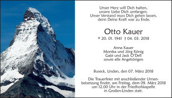 Traueranzeige von Otto Kauer von Giessener Allgemeine, Alsfelder Allgemeine